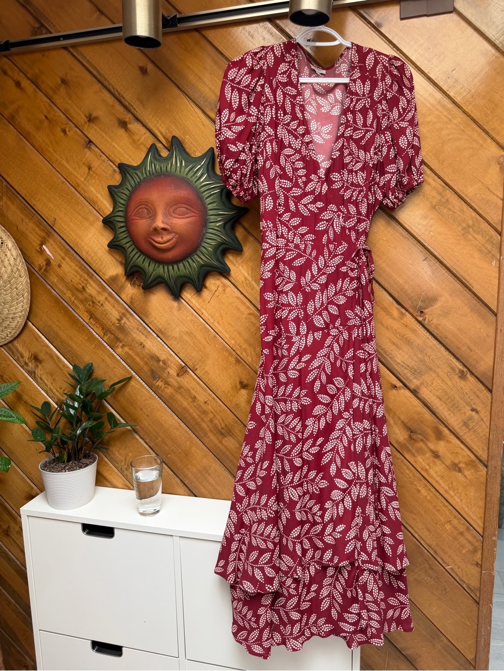 Women's Burgundy Leaf-Print Wrap Midi Dress